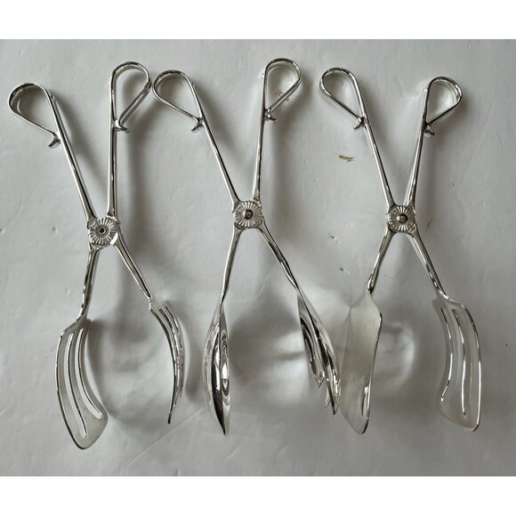 Elegance Silverplated Serving Tongs, set of three Cake Bread Salad 10" EP Zinc - Picture 1 of 16